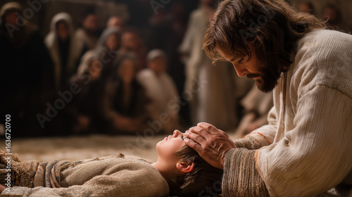 Inside a crowded clay home, a trembling boy lies on the floor. Jesus kneels beside him, gently placing a hand on his head. A narrow window casts light across the child’s calm, slowly stilling face...