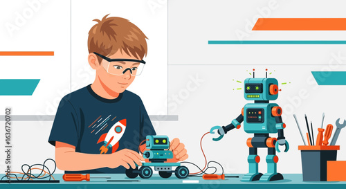 Enthusiastic young engineer building robots with passion in creative workspace illustration