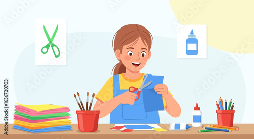 Enthusiastic young girl crafting with paper scissors glue and art supplies cheerfully