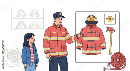 Firefighter Explaining Protective Gear To Young Girl In Illustrated Scene