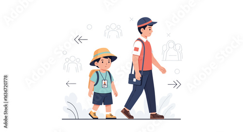 First Day At School Little Boy With His Teacher Walking Direction Together