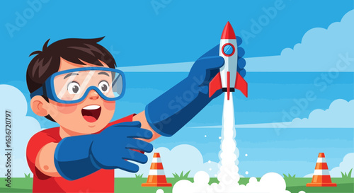 Enthusiastic young scientist launches rocket experiment with excitement and safety measures for an engaging science fair project