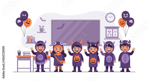 Enthusiastic Youngsters Celebrate Halloween In Festive Attire At School Classroom