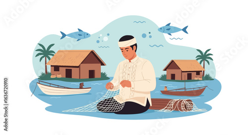 Fisherman mending his net on a tropical island, showcasing traditional fishing village life and cultural heritage
