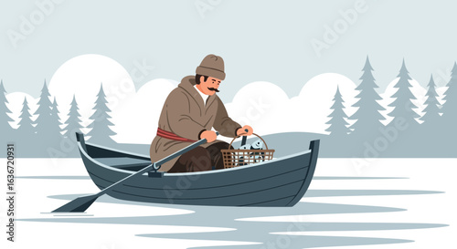 Fisherman rowing boat on a frozen lake in winter season illustration scene