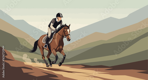 Equestrian adventure illustration featuring a horse and rider in a mountain landscape displaying horsemanship and outdoor exploration