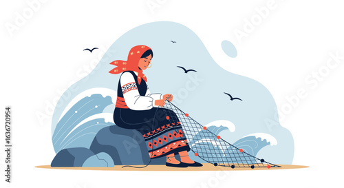 Fisherwoman In Traditional Attire Mending Nets By The Seaside Silhouette