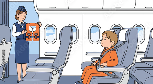 Flight attendant demonstrates safety instructions to a child passenger during air travel with safety jacket illustration