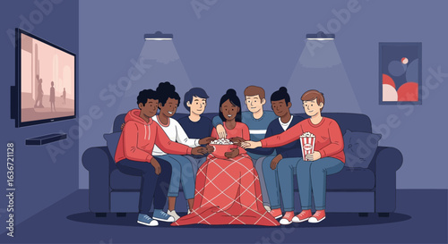 Evening Gathering of Friends Enjoying a Movie Night with Popcorn Together