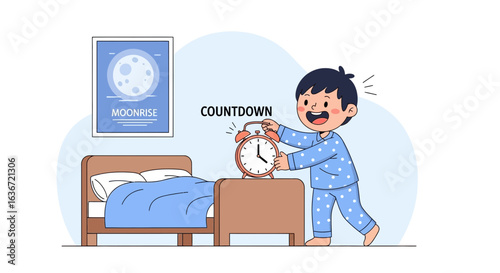 Excited boy in pajamas turning off alarm clock in bedroom illustration