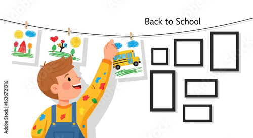Excited Boy Hangs Up His School Drawings in Celebration of New Semester