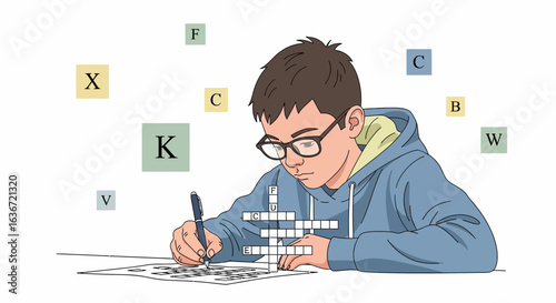 Focused Young Boy Solving Crossword Puzzle Concentrating On His Task