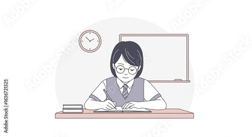 Focused Student Writes in Notebook At Her Desk In A Classroom Setting