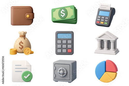 Set of 3D finance icons on white background