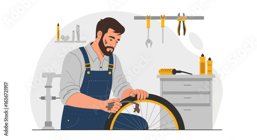 Expert Mechanic Repairing Bicycle Tire Professionally In Workshop Indoors Skillfully