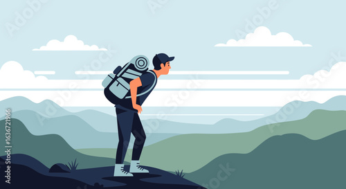 Explorer Contemplates Distant Horizon During Vigorous Mountain Trekking Adventure