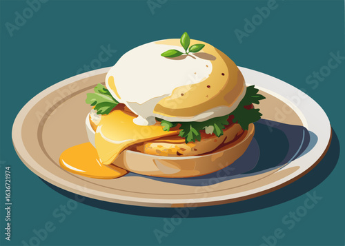 A gourmet egg sandwich with a sunny side up egg. cheese. and herbs. served on a plate. showcasing a delicious breakfast food. A breakfast sandwich with a poached egg on a plate.