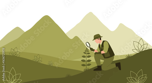 Explorer Examining Flora In Mountainous Landscape With Magnifying Glass