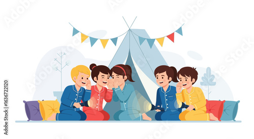 Fun Pyjama Party With Happy Children Telling Secrets In A Decorated Tent Indoors