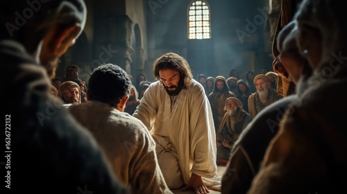 Jesus silences demons in the synagogue; a possessed man convulses, then falls still. Jesus lowers His hand calmly. Villagers recoil, stunned by the sudden quiet in the stone-walled room...
