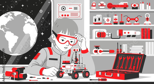 Future Engineer Building a Mars Rover Model Near the Earth Illustration