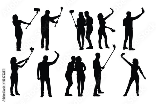 Silhouetted Selfies: A diverse group captures moments with selfie sticks, their dark forms creating a striking contrast, highlighting modern connectivity and individual expression.