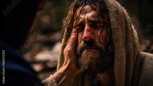 Jesus gently touches a blind man’s eyes by a foggy riverbank in Bethsaida; morning mist lifts as the man’s face brightens with tears of recognition...
