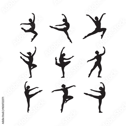 Collection of ballet dancer silhouettes in various graceful poses isolated on a white background
