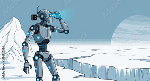 Futuristic robot observing a frozen landscape with a distant planet in the sky