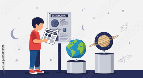 Exploring The Cosmos Young Boy Engaged In Space Museum Exhibition Discovery