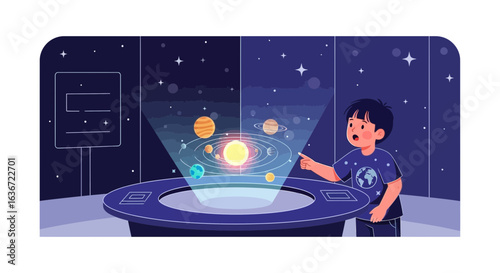 Exploring The Solar System Boy In A Science Museum Or Planetarium