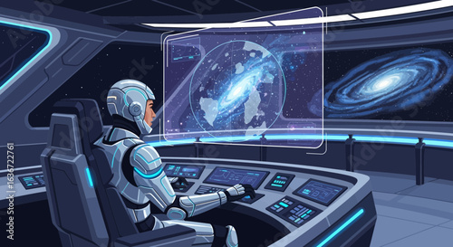 Futuristic spaceship cockpit scene with astronaut navigating the cosmos using advanced technology
