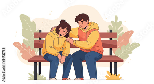 Expressing Comfort Young Man Consoling Sad Girl on Park Bench