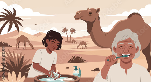 Generational Hygiene in the Desert: A Heartwarming Moment of Care and Tradition