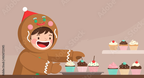 Gingerbread Boy Enjoys Decorating Sweet Cupcakes For Festive Holiday Treat