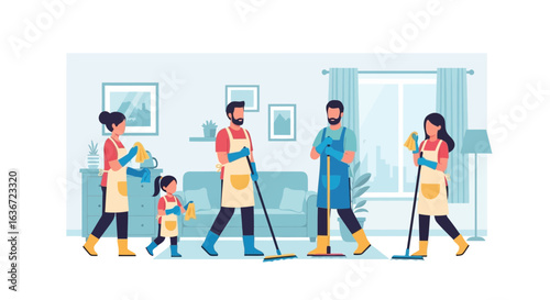 Family Cleaning Together: A Vector Illustration of a Happy Household Cleaning Home