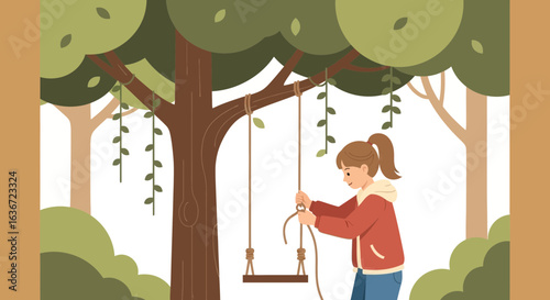 Girl Creating Tree Swing In Forest Glade Scene Of Childhood Memories