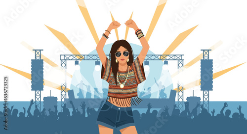 Girl dancing at music festival with stage lights and crowd background illustration