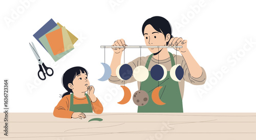 Family Crafting Session Mom And Daughter Create Lunar Phase Mobile Project