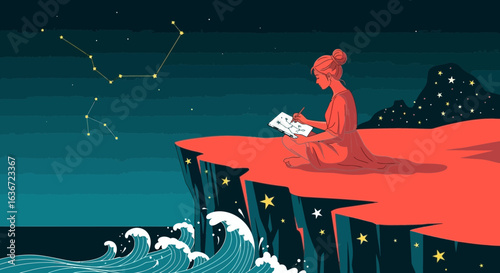 Girl Drawing Constellations On Cliffside Canvas Under A Starry Night Sky