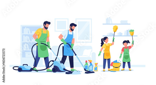 Family cleaning together teamwork, parents and children doing housework with fun joy