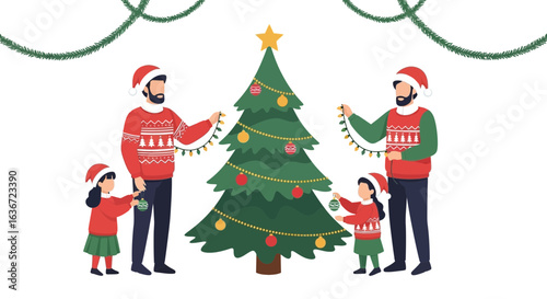 Family Decorating Christmas Tree Together Celebrating Festive Holiday Season