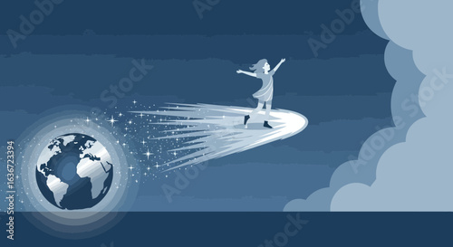 Girl Dreams Of Speed And Travel Around The World In The Night Sky