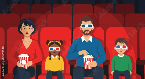 Family Enjoying 3D Movie Together in Cinema Theatre With Popcorn Bucket