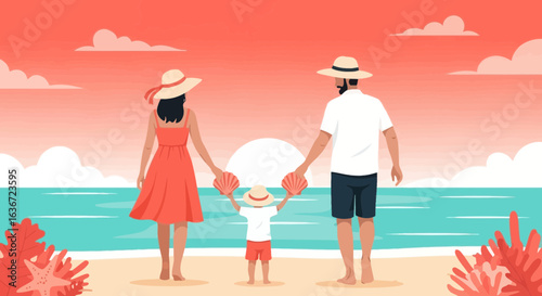 Family Enjoying Sunset On Tropical Beach Holiday Seaside Vacation Togetherness