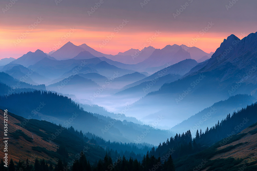 Fototapeta premium Soft fog drifting through mountain valleys at sunrise creating a calm and photorealistic morning landscape