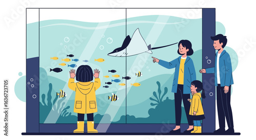 Family Exploring Aquatic Life Visiting Underwater World At The Aquarium