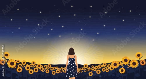 Girl Gazing At Starry Night In Sunflower Field Under The Sunset Sky