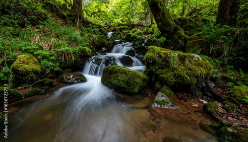 Forest stream cascading over mossy rocks