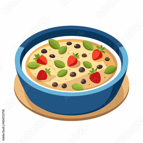Healthy breakfast bowl with fresh fruit and toppings displayed in a vibrant. colorful style. A delicious looking bowl of oatmeal with berries and chocolate chips in a studio setting.